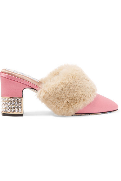 Candy embellished satin and faux fur mules