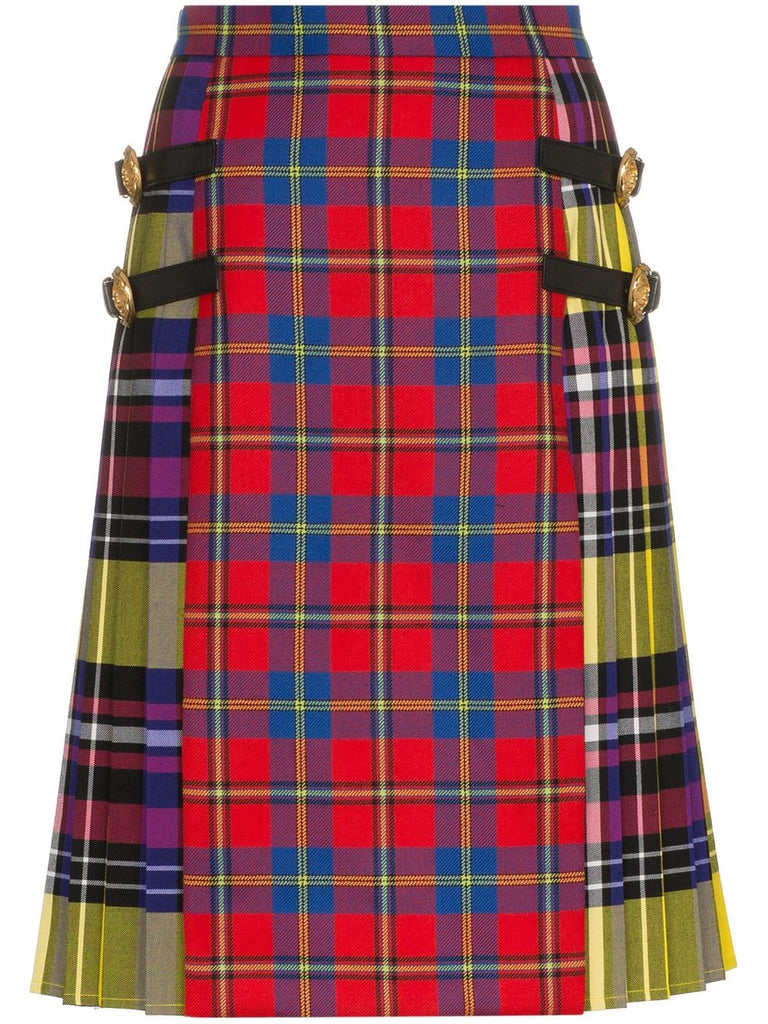 Check print wool and leather kilt