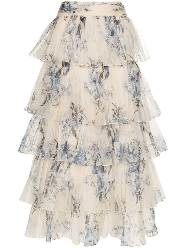 Journey of The Soul floral print tiered silk skirt