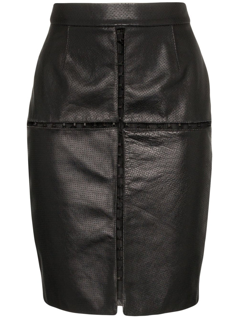 black cut out leather mini skirt