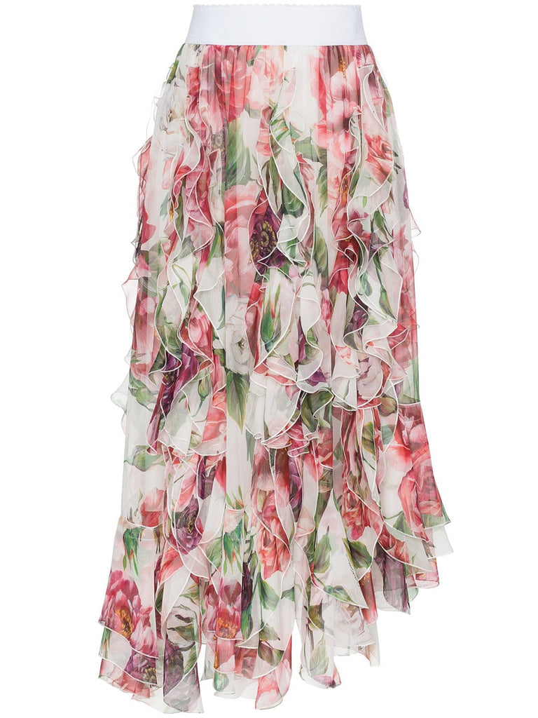 high waisted peony print ruffle silk blend skirt