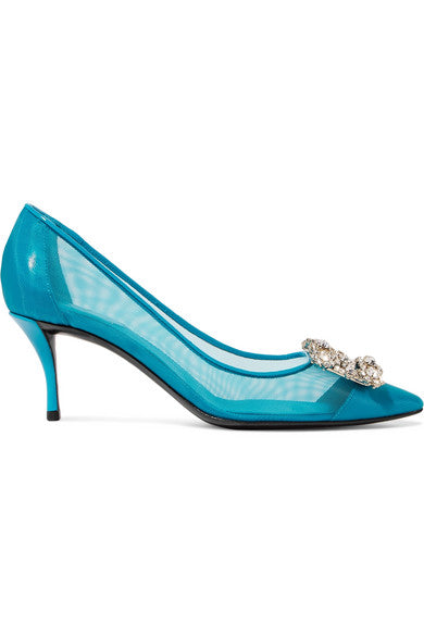 Flower Strass crystal-embellished mesh and patent-leather pumps