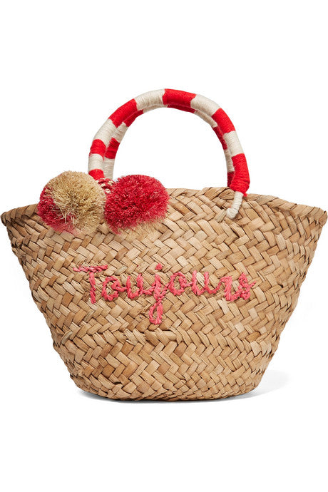 St Tropez mini pompom-embellished embroidered woven straw tote