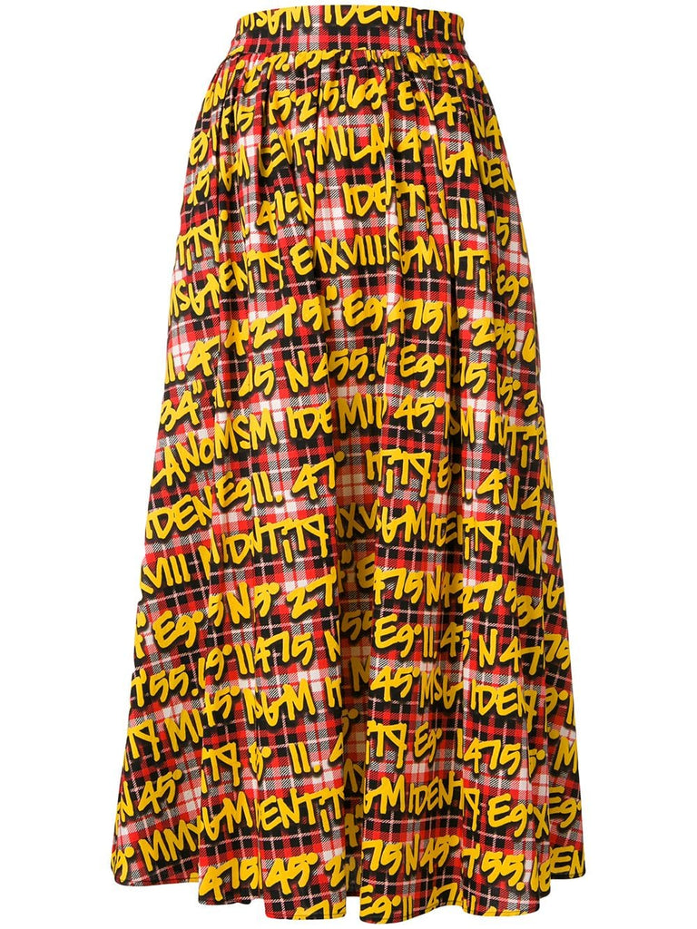 graffiti print plaid midi skirt