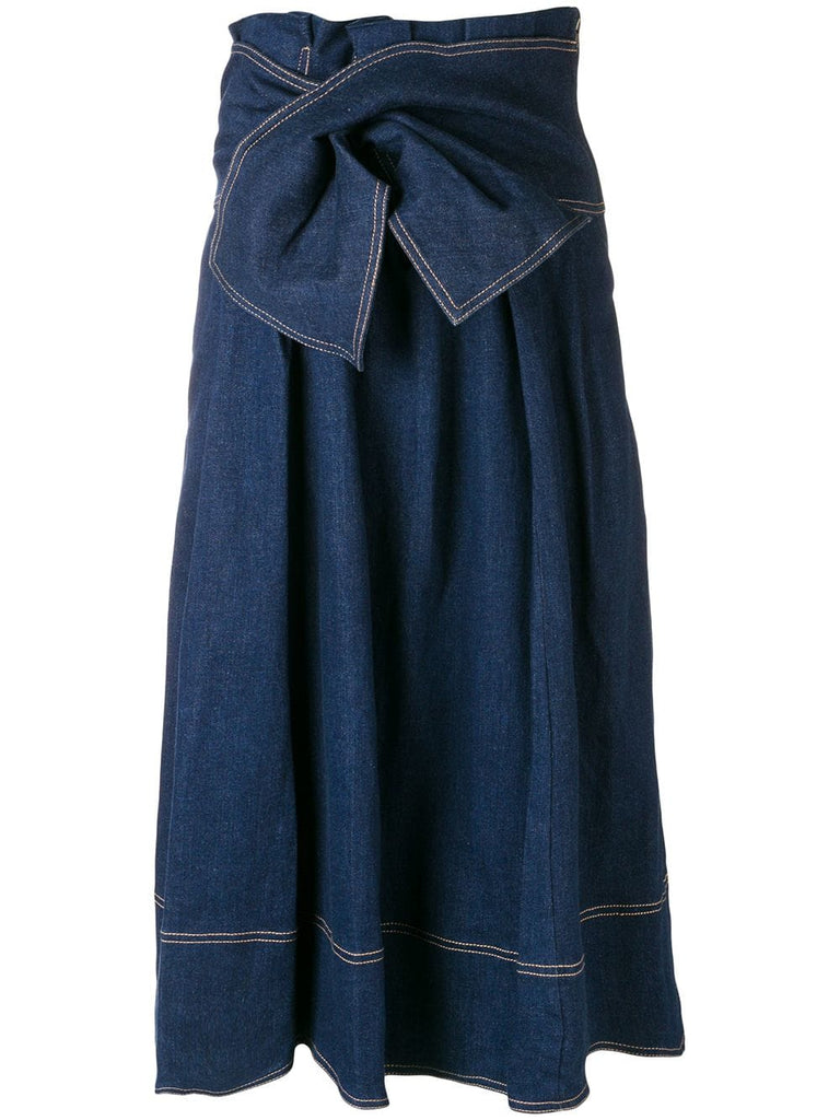 wrap waist denim midi skirt