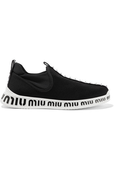 Logo-embossed embellished stretch-knit and neoprene sneakers