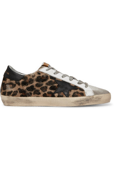 Superstar distressed leopard-print calf hair, leather and suede sneakers