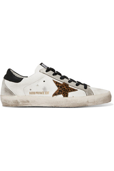 Superstar distressed leather, suede and leopard-print calf hair sneakers