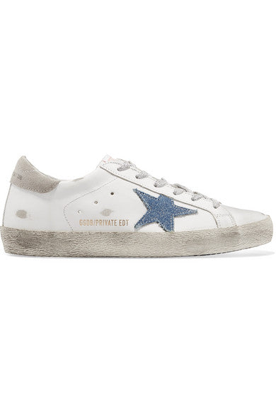 Superstar distressed leather and denim sneakers