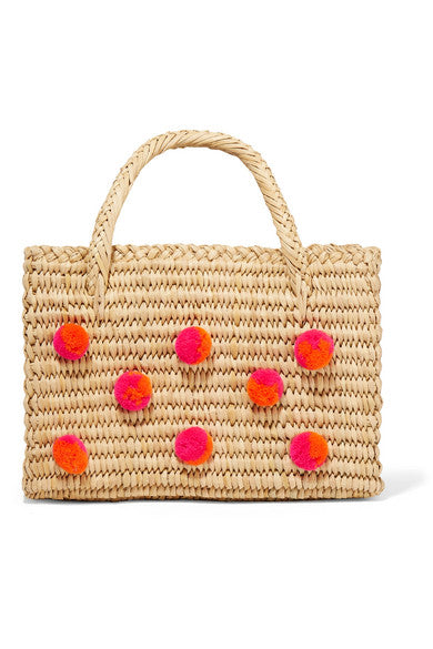 Baby Maldives pompom-embellished woven raffia tote