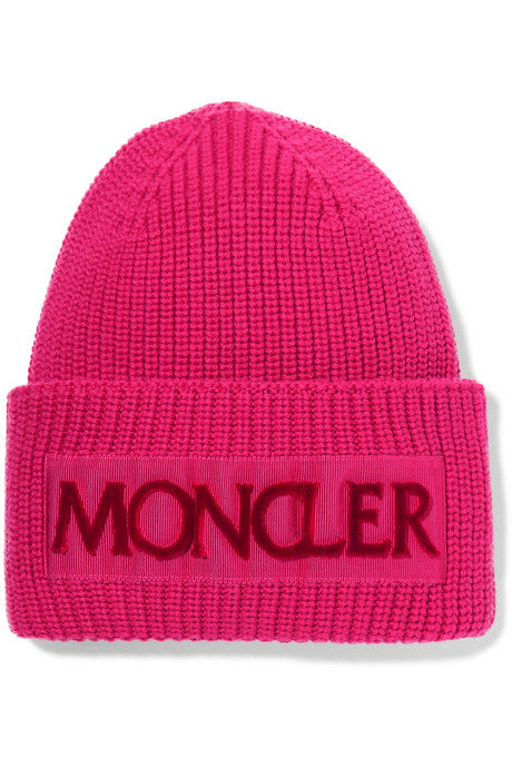 Flocked grosgrain-trimmed ribbed wool beanie