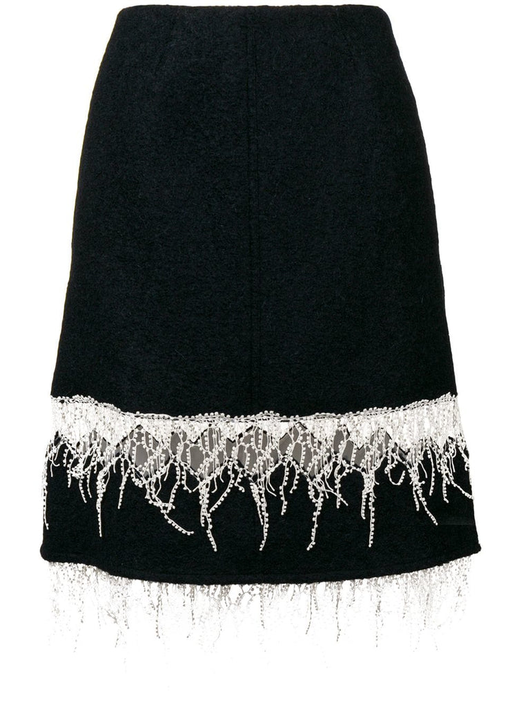 embroidered fringe midi skirt