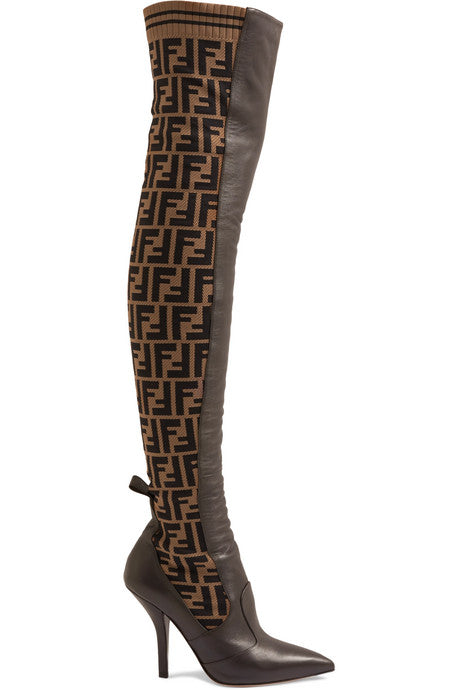 Rockoko logo-jacquard stretch-knit and leather over-the-knee boots