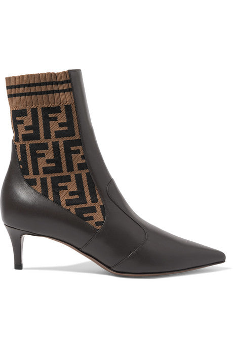 Rockoko logo-jacquard stretch-knit and leather ankle boots