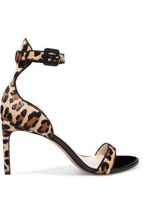 Nicole leopard-print calf hair and patent-leather sandals