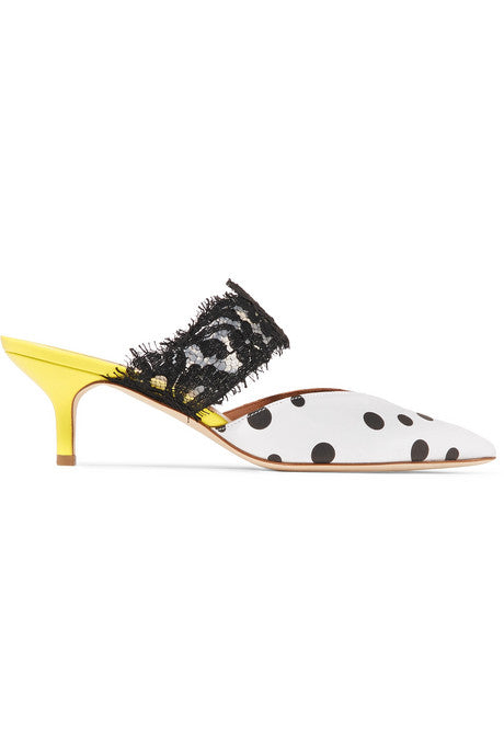 Maisie 45 lace-trimmed polka-dot faille mules