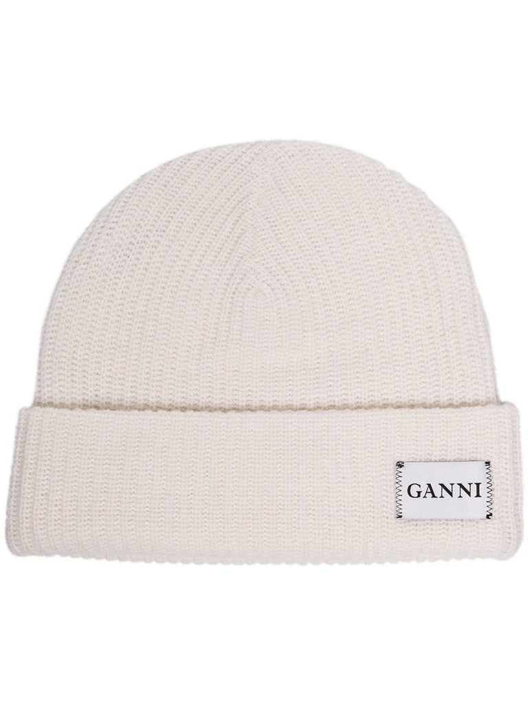 white knitted ribbed wool blend beanie