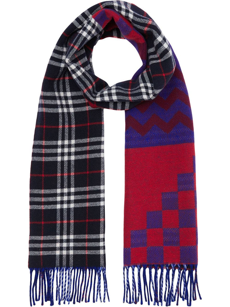 Reversible Graphic and Check Wool Cashmere Scarf