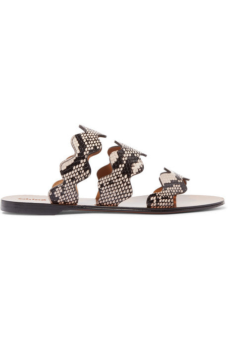 Lauren scalloped snake-effect leather slides