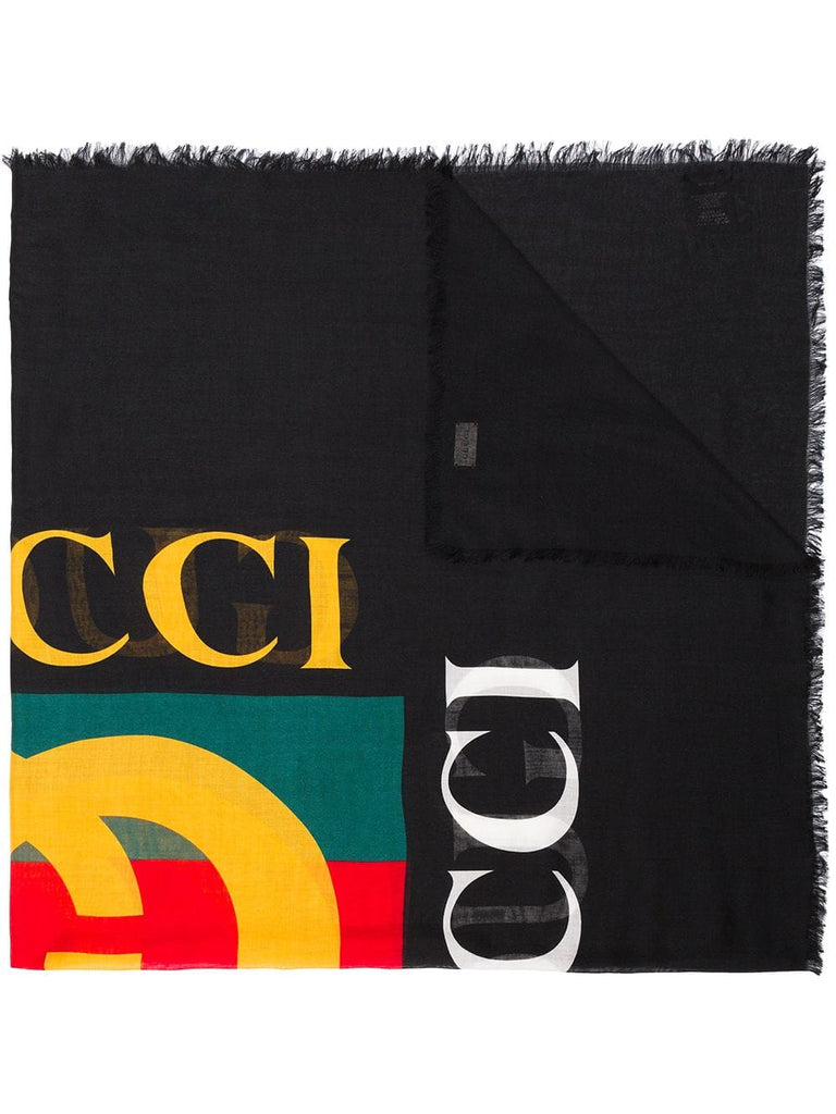 black logo print silk blend scarf