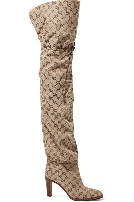 Leather-trimmed logo-jacquard over-the-knee boots