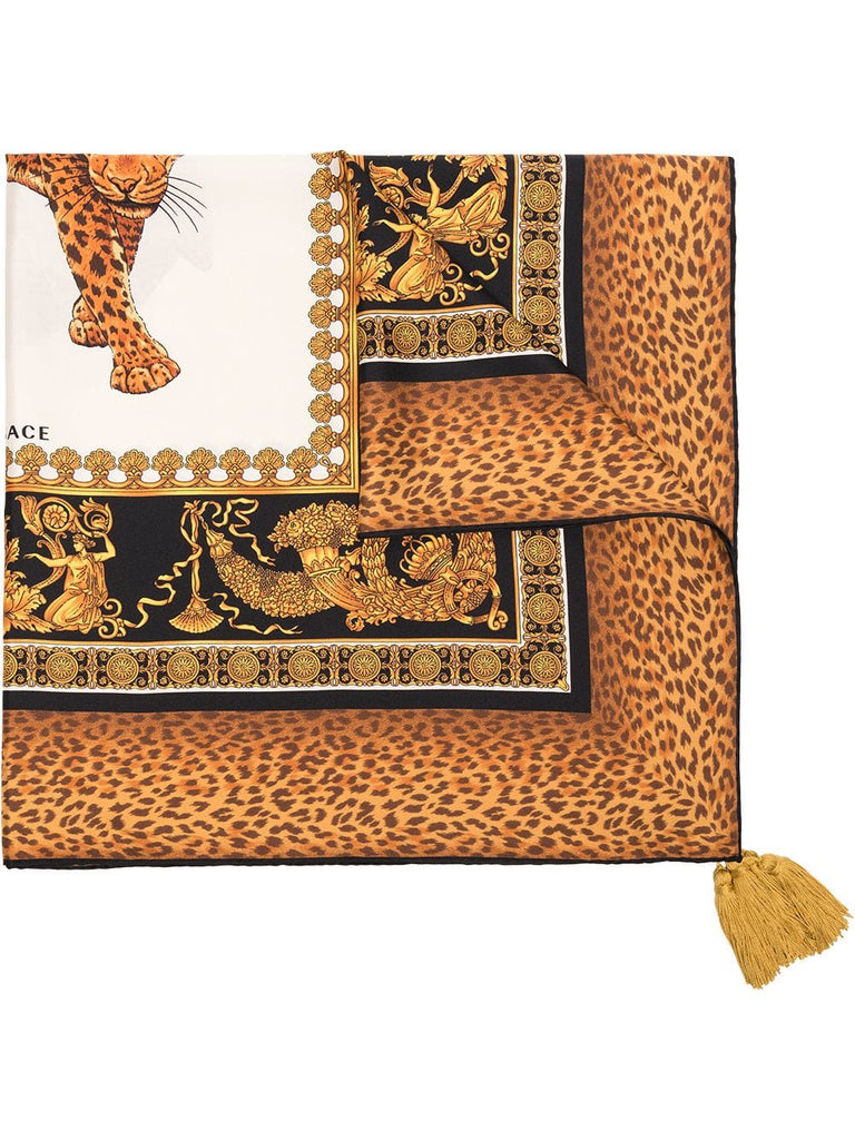 brown, yellow and black baroque and leopard print silk scarf