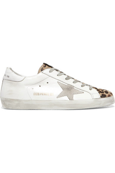 Superstar leopard-print calf hair, distressed leather and suede sneakers