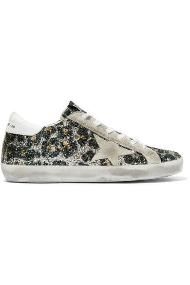 Superstar glittered leather and distressed suede sneakers