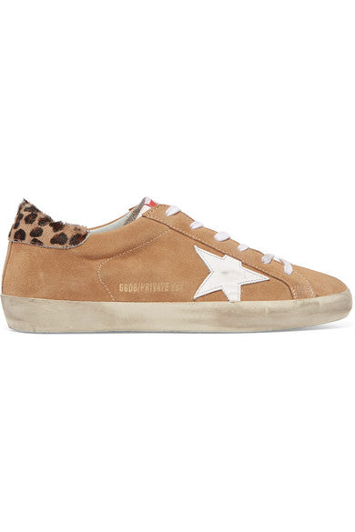 Superstar calf hair-trimmed distressed suede sneakers