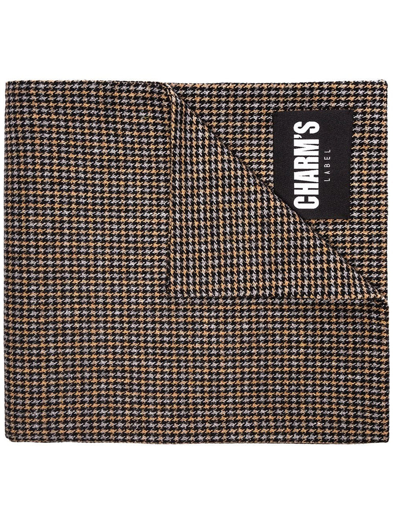 brown, blue and yellow logo houndstooth wool scarf