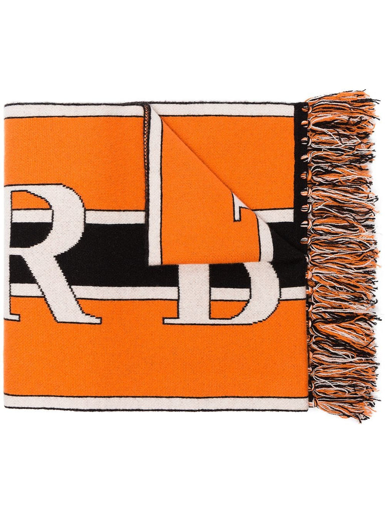 orange, black and white logo knit cashmere scarf