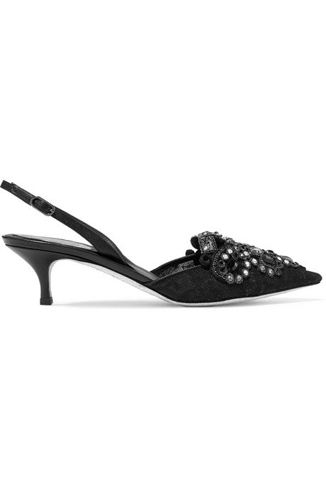 Veneziana embellished lace and satin slingback pumps