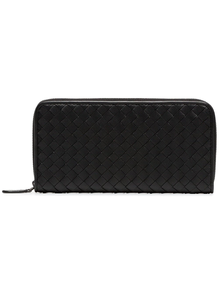 black intrecciato zip around leather wallet