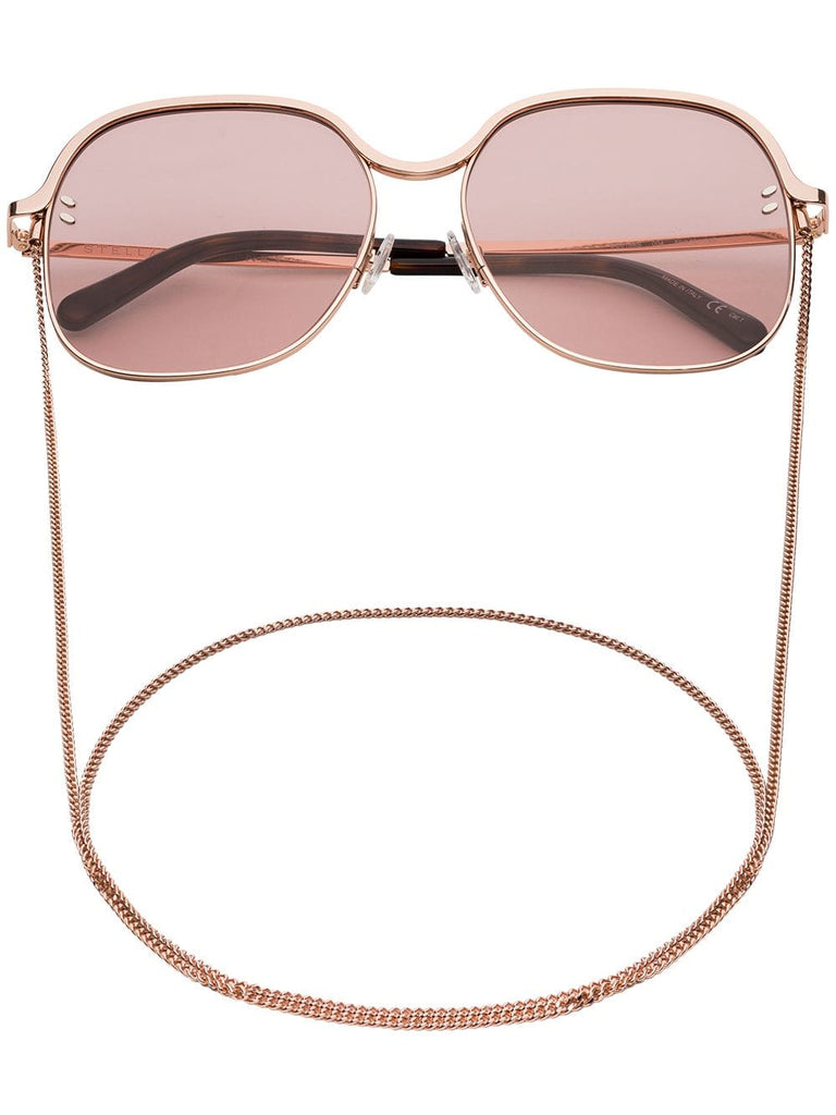 Pink square metal sunglasses with chain