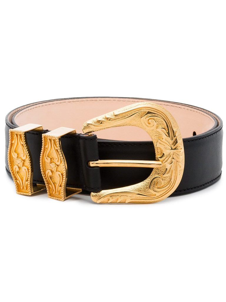 black engraved buckle leather belt