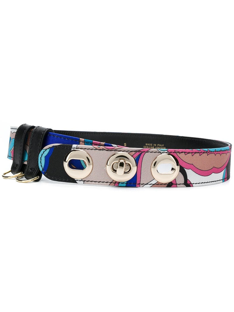 silver-tone buckle printed belt