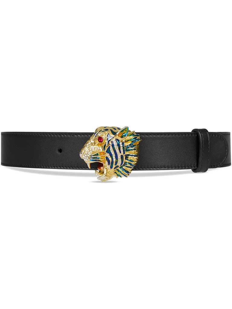 Leather belt with tiger head