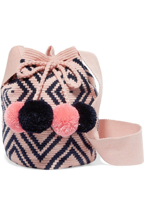 Lila pompom-embellished woven bucket bag