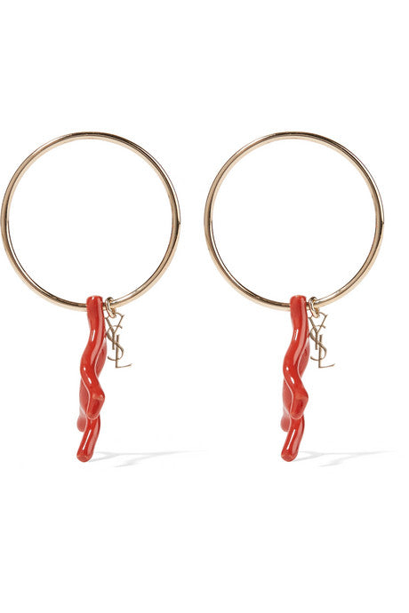 Gold-tone and faux coral hoop earrings