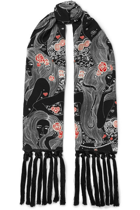 Eve tasseled printed silk scarf