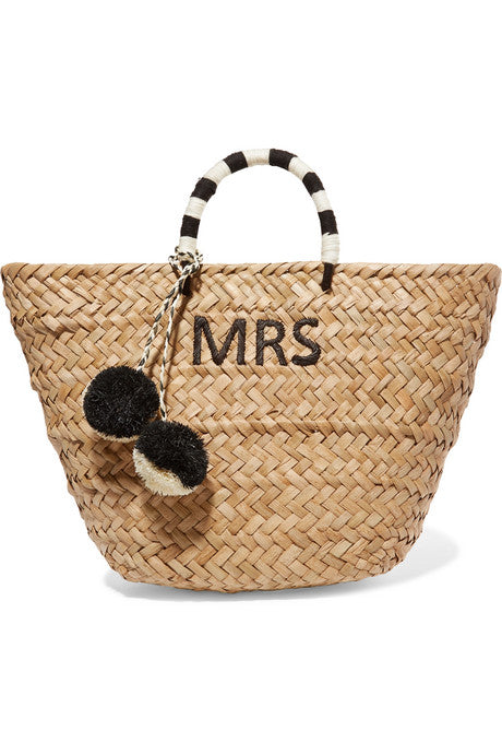 St Tropez pompom-embellished embroidered woven straw tote