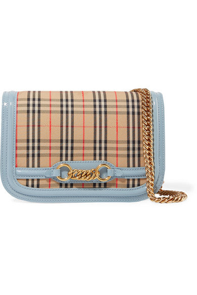 Patent leather-trimmed checked canvas shoulder bag