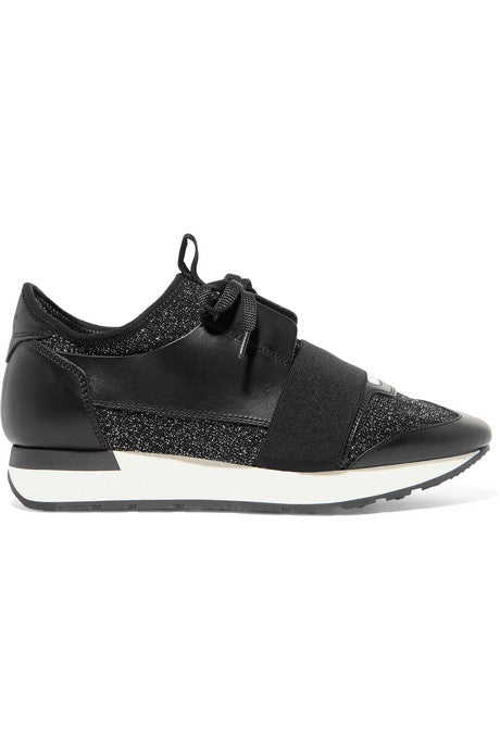 Race Runner metallic stretch-knit and leather sneakers