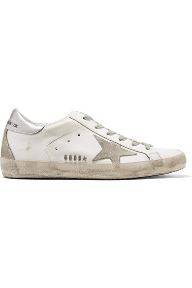 Superstar distressed metallic leather and suede sneakers