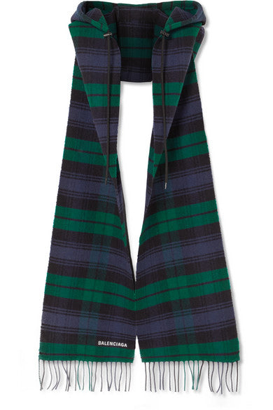 Hooded fringed tartan wool scarf