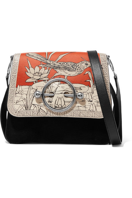 Disc printed leather and suede shoulder bag