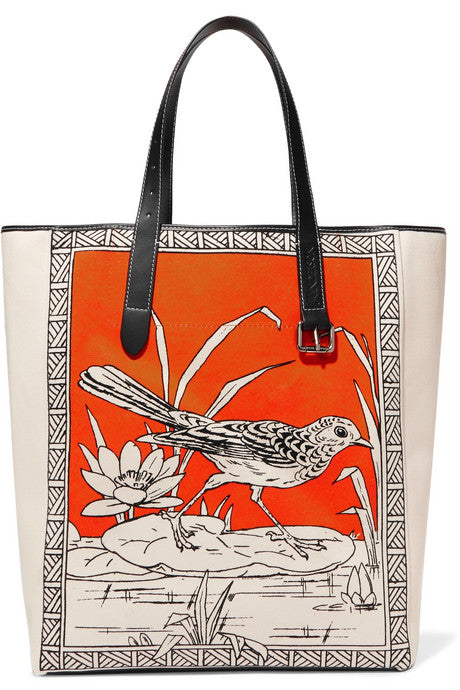 Leather-trimmed printed canvas tote