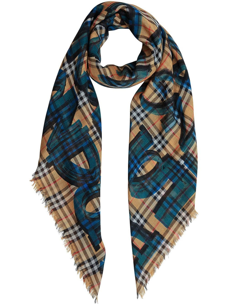 Graffiti Print Check Wool Silk Large Square Scarf