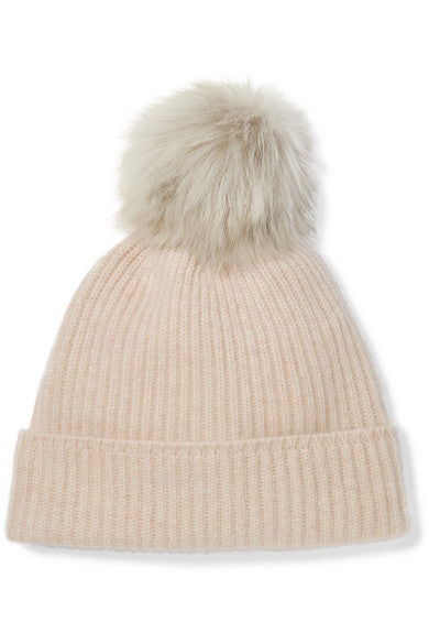 Pompom-embellished ribbed cashmere beanie