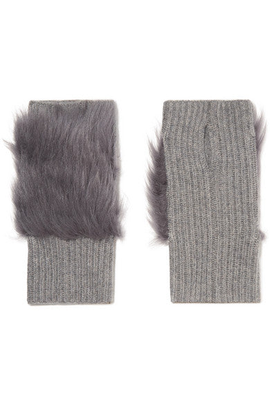 Shearling-trimmed ribbed cashmere fingerless gloves